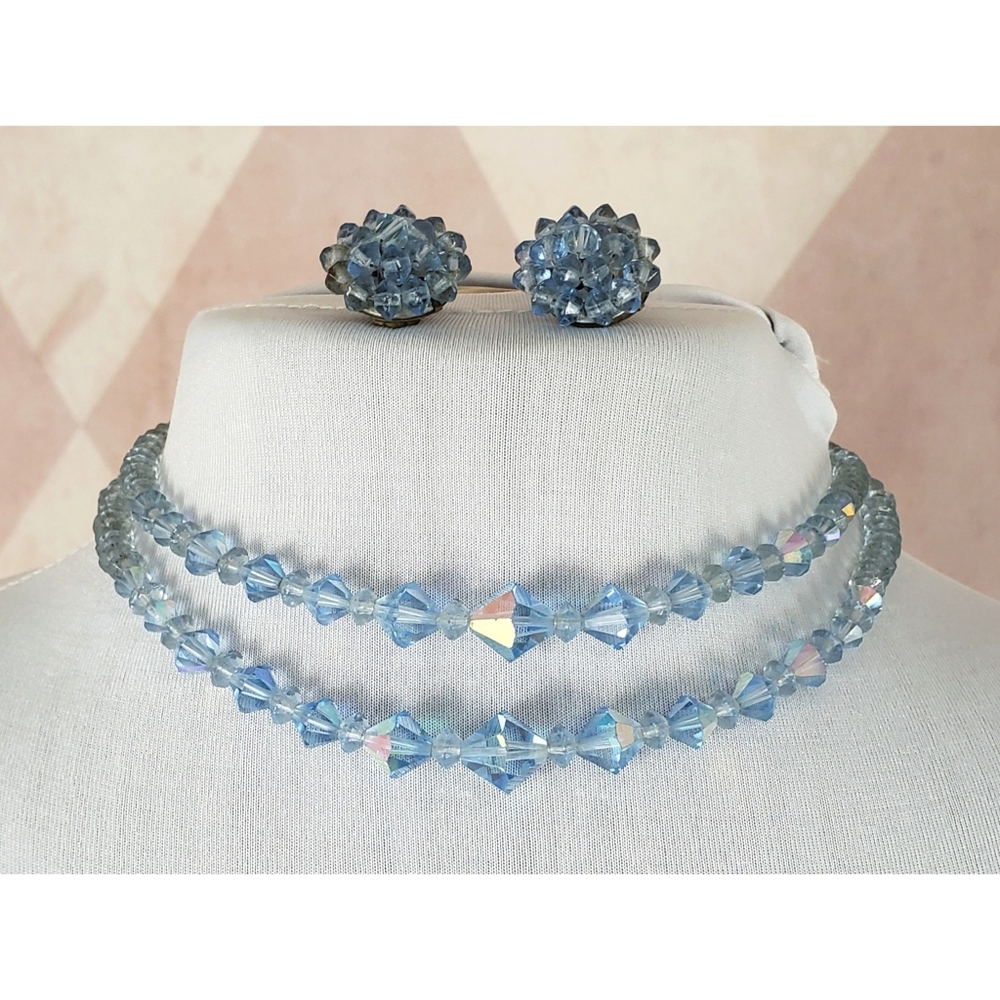 Vintage Blue Beaded Necklace + Earrings